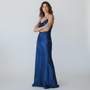 NWT Atnlewhi Spaghetti Strap Satin Silk Cowl Neck Long Evening Cocktail Dress, S